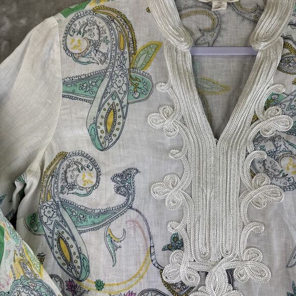 Charter Club Luxury Linen Tunic Top Women's S White Green Paisley Boho (1180) - Picture 3 of 11